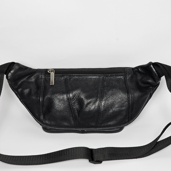 Vintage Black Leather Waist Bag with Adjustable Nylon Belt, Push Buckle, EUC - Picture 6 of 8